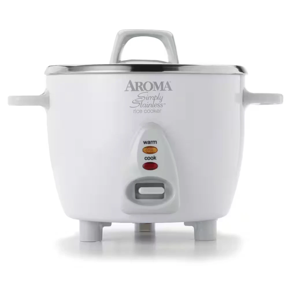 Simply 6-Cup Stainless Steel White Rice Cooker with Measuring Cup and Serving Sp