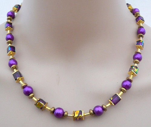 Halskette Würfelkette Cube Glas marmoriert lila türkis gold Perle violett 495d - Bild 6 von 11