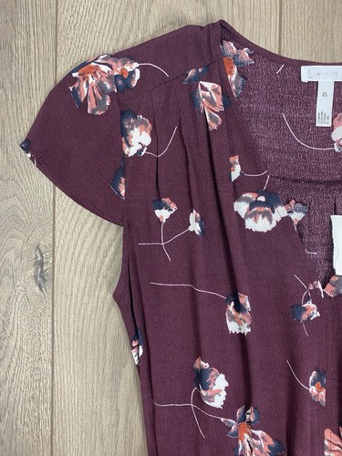 New Leith XS Burgundy Whisper Floral MIDI Dress Off Side Slit Elastic Back Cap - Picture 8 of 11