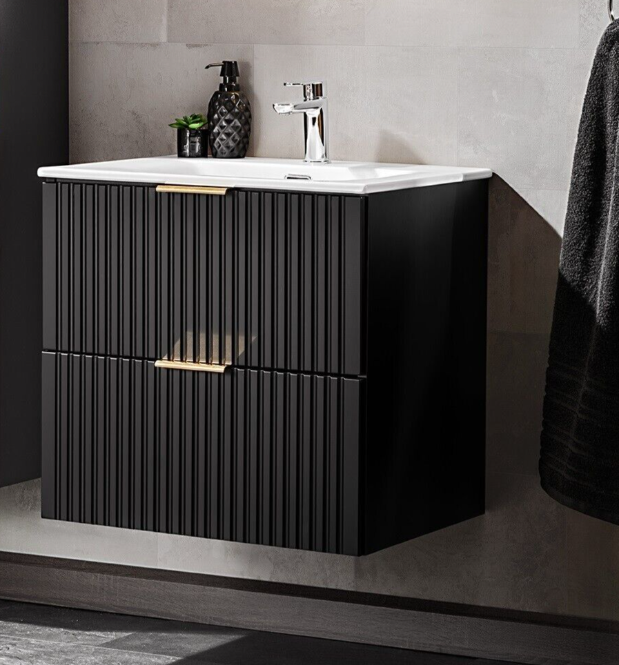 Bathroom Vanity Sink Basin 600mm Ribbed Textured Black Modern Wall Hung ...