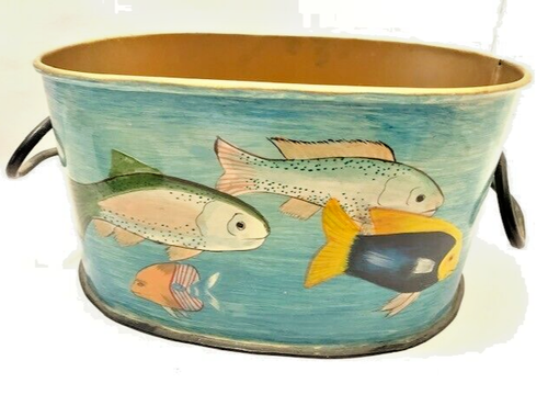 Nautical Basket Art Hand Painted Fish Seaside Beach Lake House Metal VTG Boho - Picture 13 of 23