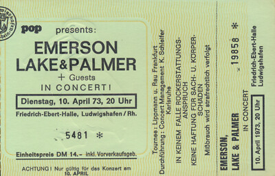 Emerson Lake and Palmer - ELP - Ludwigshafen, 1973 [Germany] - Ticket Stub