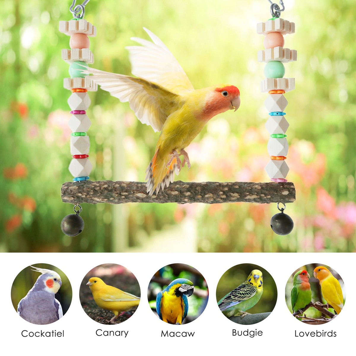 Colorful Bird Toy Set With Swing, Ladder & Hammock - Chewing Toys For Parakeets, Budgies & Small Birds - View #3