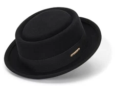 Mens-Pork-Pie-Hat Flat-Top-Bowler-Hat Wool-Fedora-Hat for Medium Black-style C