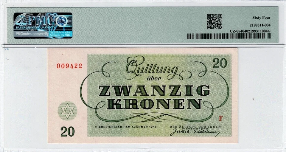 1943 Czech-Theresienstadt Ghetto 20 Kronen CZ-654 PMG 64 CU Banknote - Image 2 of 2