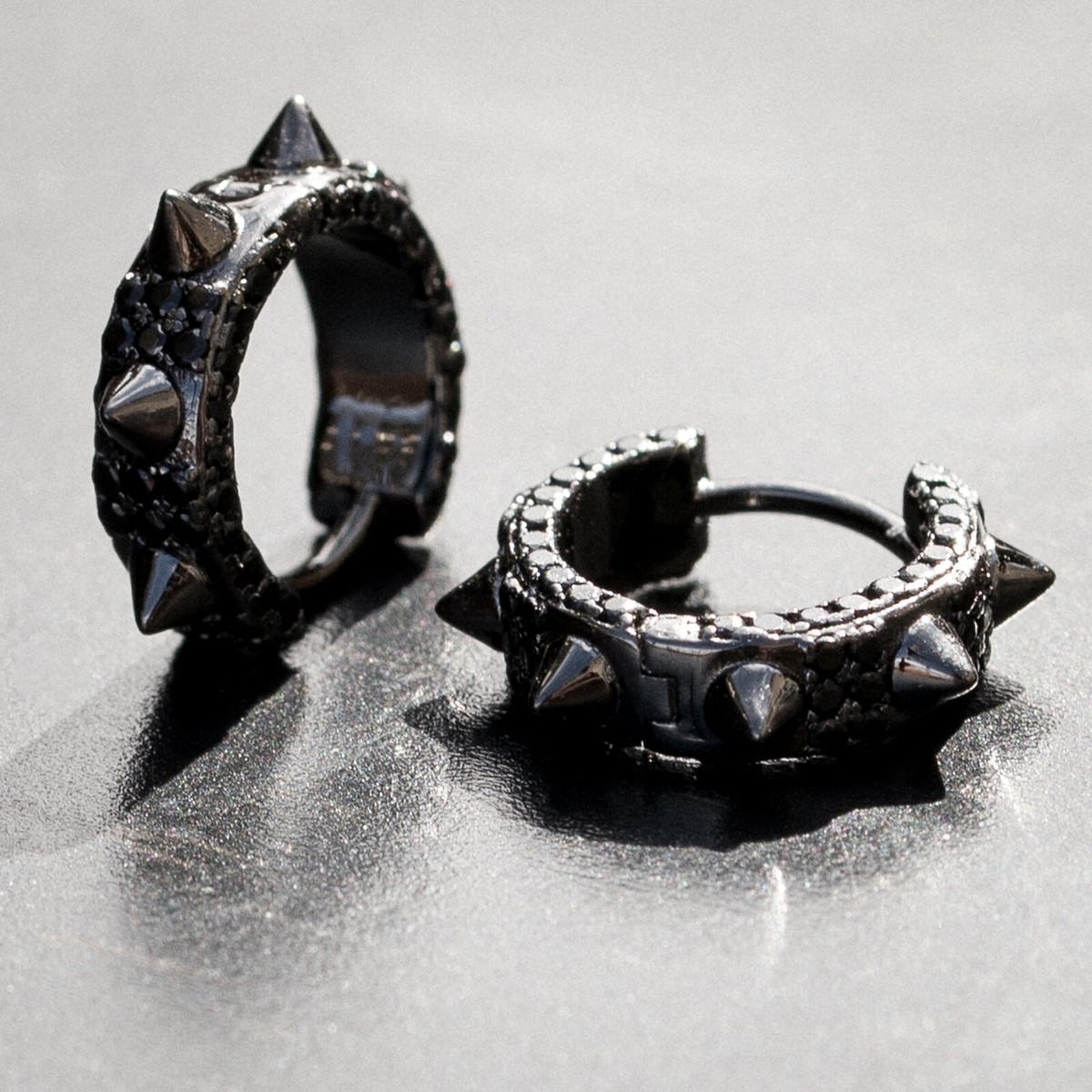 Black Plated Mens Sterling Silver Fully Iced Cz Spike Thorn Small Hoop  Earrings