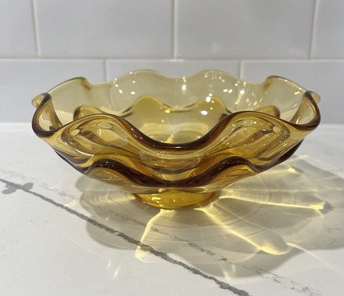 Vintage Amber Viking Epic Line Glass Footed Art Glass Bowl Home Decor 8"D - Picture 5 of 9