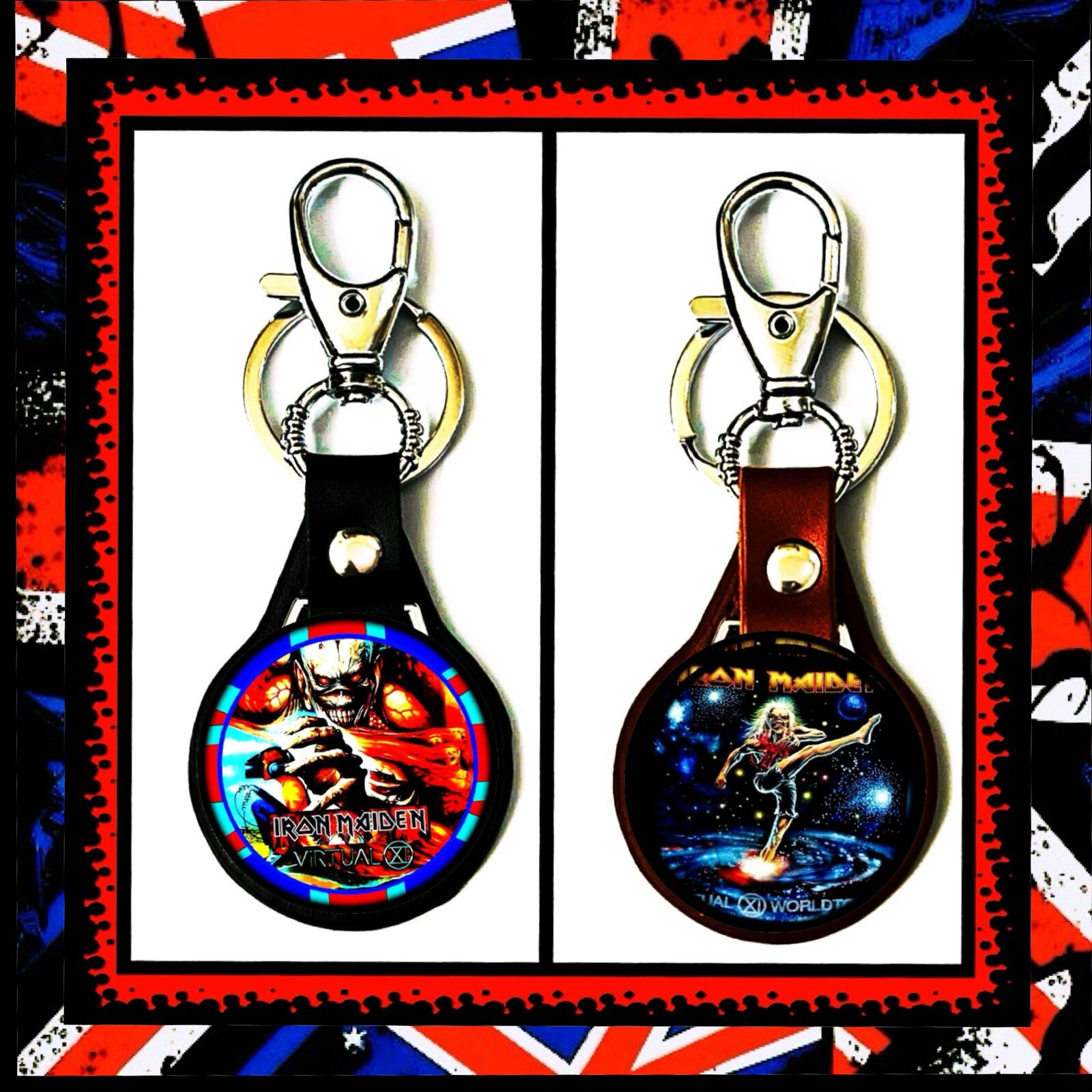 IRON MAIDEN BRUCE DICKINSON 🇬🇧VIRTUAL XI 🇬🇧 TWO LEATHER KEYCHAINS