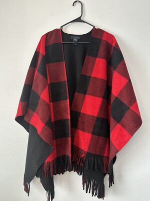 Rachel Roy Wrap Cape PonchoRed and Black Plaid One Size Fringe