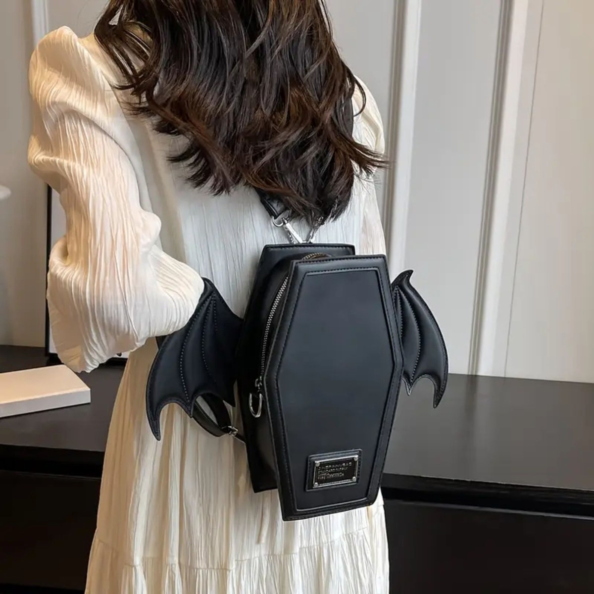 Gothic Emo Coffin Bat Wings Backpack, Convertible to Crossbody Purse Bag