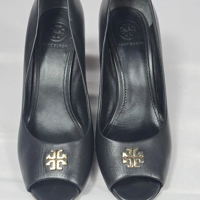 Tory Burch Pumps Black Leather Peep Toe Wedge Comfort Slip On Women’s 6.5 - Image 1 of 4