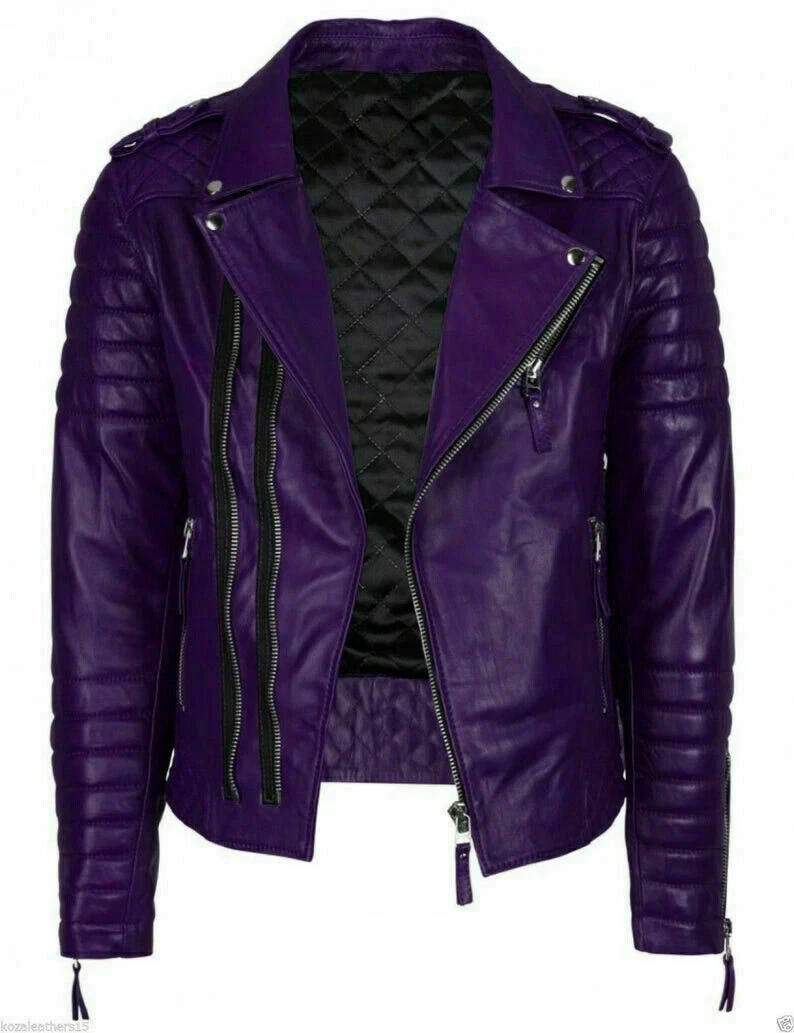 Men's Purple Real Lambskin Leather Biker Jacket Quilted Moto Coat XS to Custom