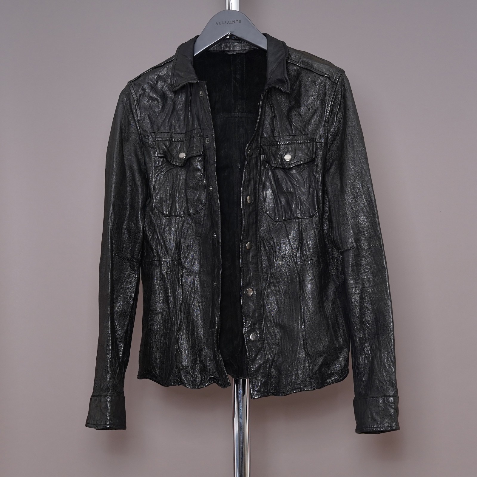 ALL SAINTS Leather Shirt Jacket Mens SMALL Black Biker Celebrity Grail LORRIMER image 4