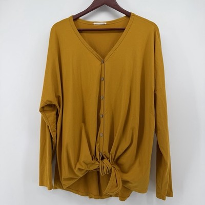 Reborn J The Plus Top 3X 3XL Mustard Yellow Button Up Tie Front Super Soft USA