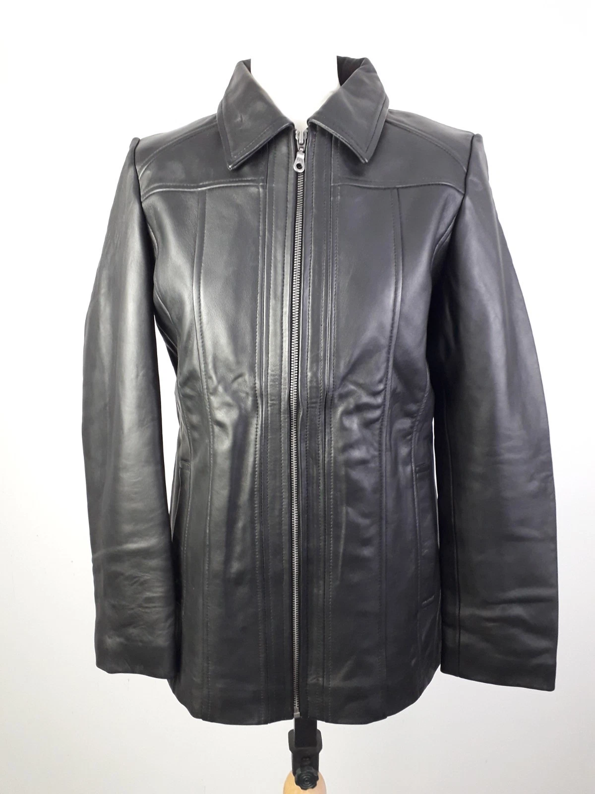 Real Leather Women's Marsha 3/4 Length Collared Leather Jacket Black NEW