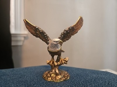 Bejeweled Enameled Pewter Bald Eagle Trinket Box With Crystals 4'' High 