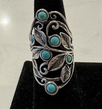 Sterling Silver Turquoise Floral  Leaves Ring, Size 7, 126