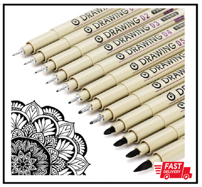Micro Fineliner Drawing Art Pens: 12 Black Fine Line Waterproof Ink Set Artist S