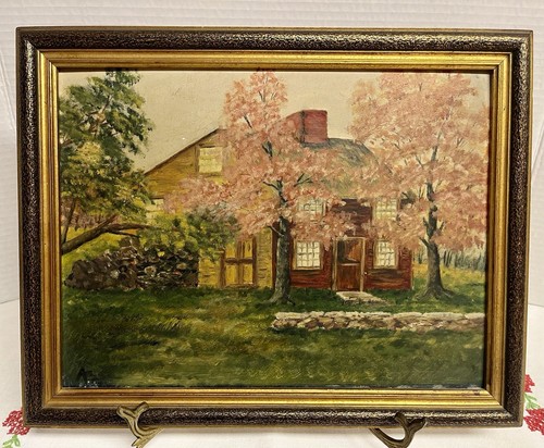 Vintage Framed Landscape Oil Painting New York Farmhouse Blooming Cherry Trees