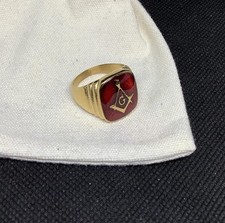 Vintage Style Masonic Ring Freemasons Red Collectible Master Mason Signet Gold
