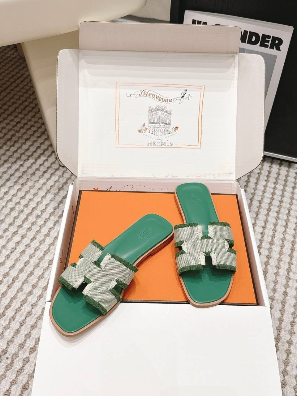 Hermes Oran Frayed Canvas Sandals Green White Slide Flats Women’s EU 38