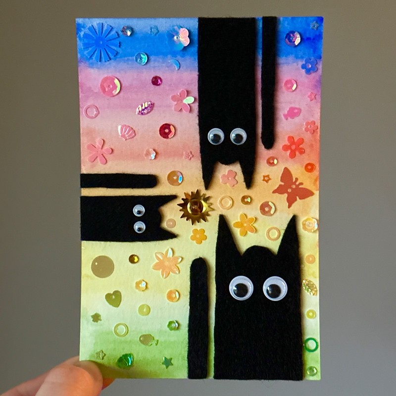 4x6 Original Mixed Media Watercolor Painting Fuzzy Cats Sparkles Anomelina