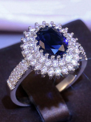Luxury Blue Oval Halo Engagement Ring Women Bridal Wedding Party Jewelry Gift