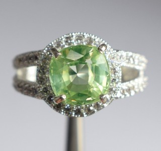 Natural 6.29 Carat Olive Green Peridot Cushion Gemstone AGI Certified Men's Ring