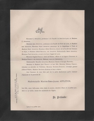 1901 Sterbeurkunde Marthe-Emma-Jeanne APPLETON - Dijon - Côte-d'Or
