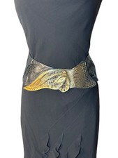 Vintage 80s Black Gold Leather Wide Belt 28 Waist Retro