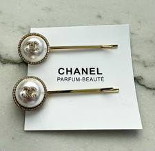 Chanel Set of 2 Gold Tone Clips Hair Pins Pearl Finish Rhinestones VIP gift box