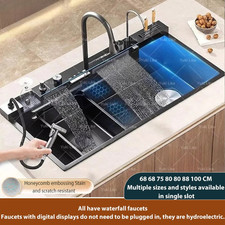 Stainless Steel Waterfall Kitchen Sink Digital Display Faucet Set Embossed Extra