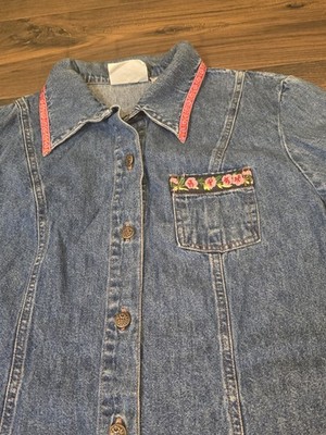 Studio Ease Womens Top 10 Blue Denim Button Up Sleeve Cut Off Jean Floral Aztec