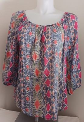 Chaps 1X Cotton Pullover Crinkle Peasant 3/4 Sleeve Top Blouse Boho Lightweight