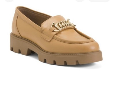 Gems Vera Pelle Shoes Camel / Tan Leather Lug Sole Gold Chain Loafers Size 6.5