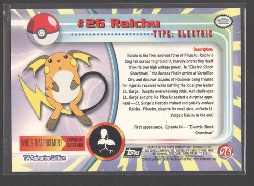 #26 Raichu | 1999 Pokémon TV Anime S1 | EX | Black Logo - Picture 2 of 2