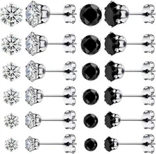 12 pairs of  3mm-8mm Stainless Steel Cubic Zirconia Men Women Ear Stud Earrings