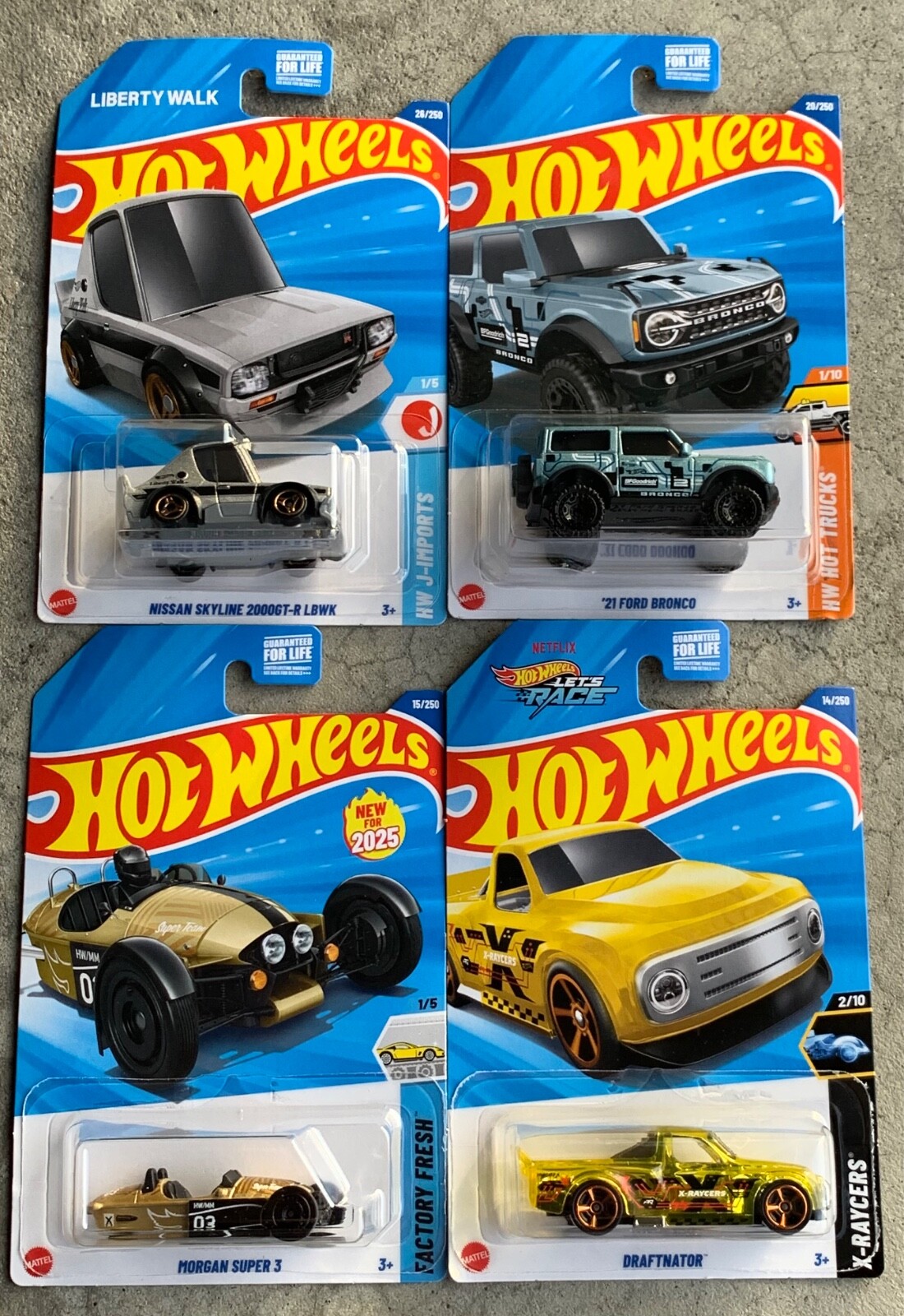 2025 Hot Wheels Kroger Exclusive Set of 4 (NISSAN, DRAFTNATOR, MORGAN, & BRONCO)