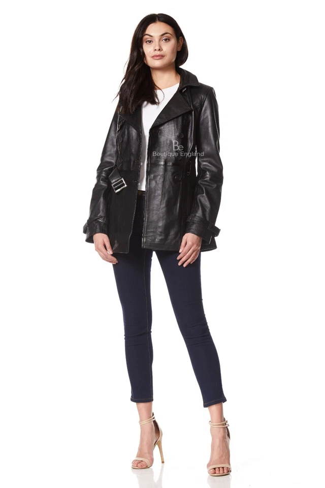 Trench Ladies Black Classic Mid-Length Designer Real Leather Jacket Coat 1123 - Image 4 of 4
