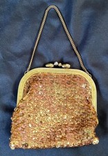 Vtg 70s Gold Tone Sequin Evening Bag Purse Chain Strap Metal Frame Wristlet MCM