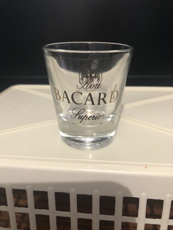 Ron Bacardi Superior Puerto Rico Shot Glass Vintage  Gold Lettering w/ Bat Logo