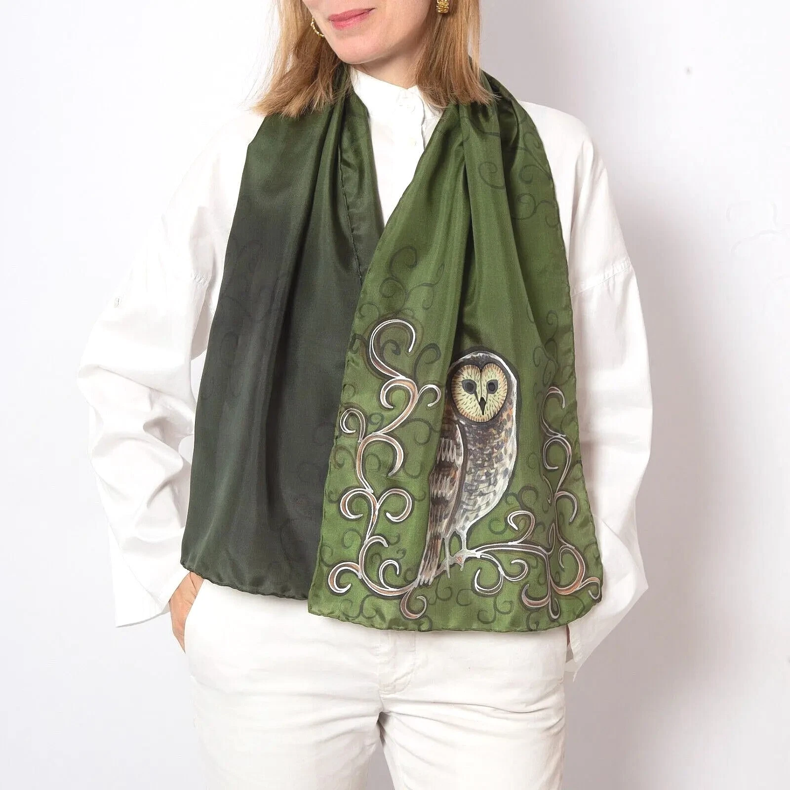 Owl Hand Painted Pure Silk Scarf Bird Scarf Green Silk Scarf Birthday Gift