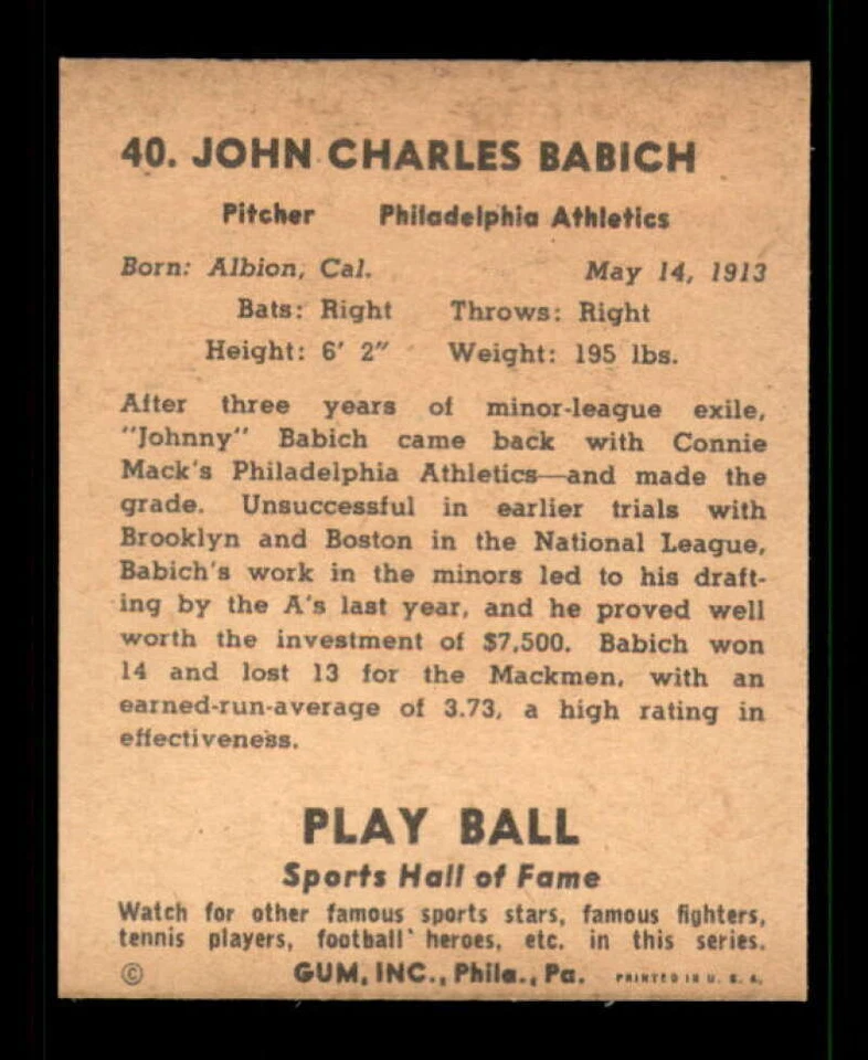 1941 Play Ball #40 Johnny Babich VG/VGEX Athletics 551300 - Image 2 of 2