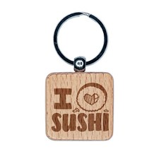 I Heart Love Sushi Roll Engraved Wood Square Keychain Tag Charm