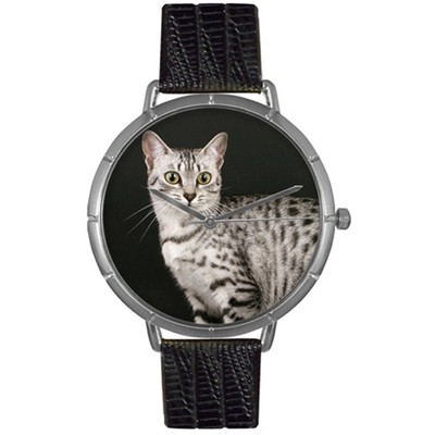 Egyptian Mau Cat- small photo Watch- Silver Finish- Black Leather band
