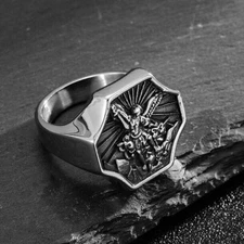 St. Micheal Protect Us Angel Ring Stainless Steel Men's Big Cross Angel Ring