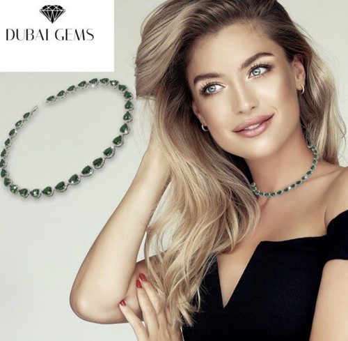 White gold finish green emerald pear cut created diamond necklace earring Set - Picture 2 of 6