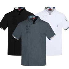 Short Sleeve Chef Uniform Men Women Stretchy Linen Cook Jacket Waiter Shirt