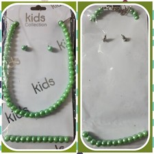 Kids 3 Piece set, Faux Pearl Necklace/Bracelet/Earrings-Green ,Kids Jewelry