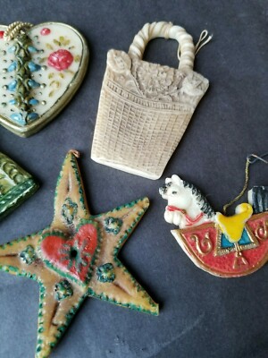8 Vintage German Wax Christmas Ornaments, Horse, Angel, Heart